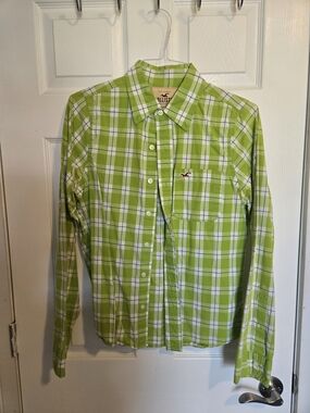 Hollister Lime Green and White Plaid Button-Down Shirt